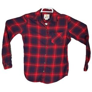 Field & Stream Button Up Flannel Shirt Womens Small Red Blue Plaid Long Sleeve